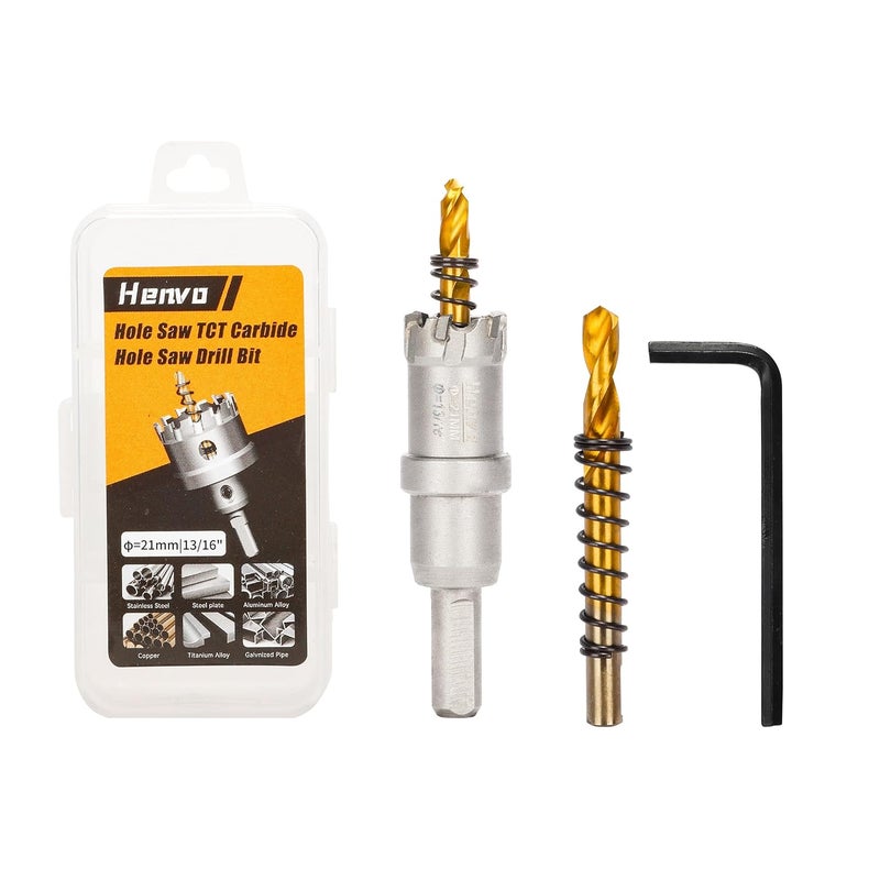 Henvo Hole Saw 13/16" (21mm) Heavy Duty Carbide with 2 Pilot Drill Bits - Metal Hole Cutter Cuts Stainless Steel, Iron, Copper, Brass, Plastic - Image 1
